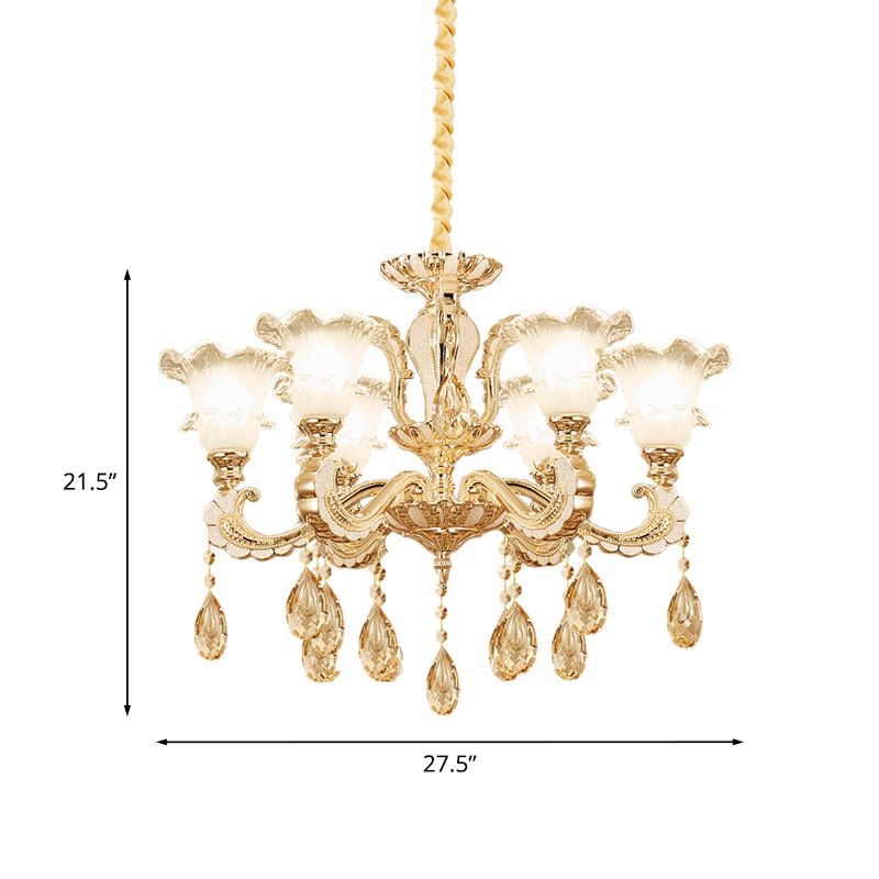 Frosted Glass Gold Pendant Light Ruffle 6 Heads Traditional Chandelier Lamp for Dining Room