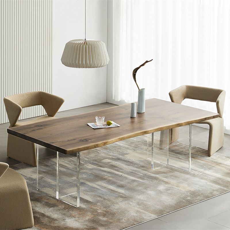 Natural Walnut Top Dining Table Modern Rectangle Transparency Acrylic Base Table