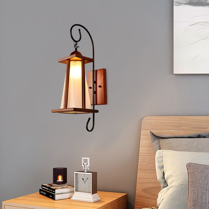 Trapezoid Bedroom Wall Lighting Rustic Frosted Glass 1-Light Brown Wall Light Sconce with Wood Frame