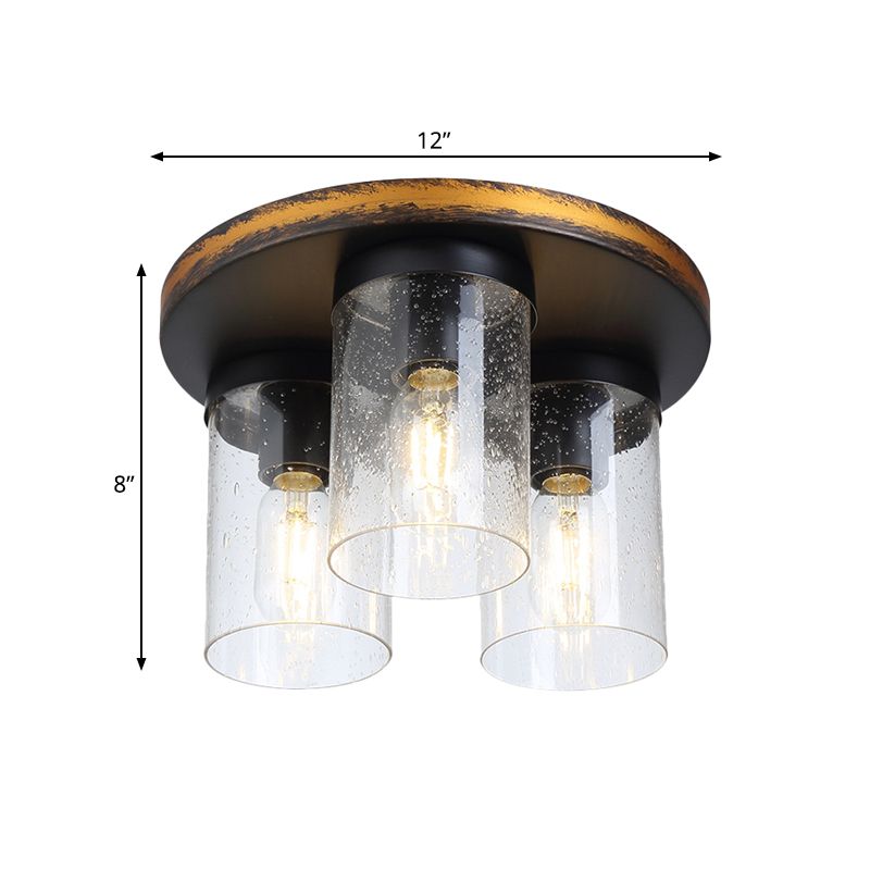 Plafonnier en verre transparent, cylindrique vers le bas, 3 ampoules, éclairage rustique