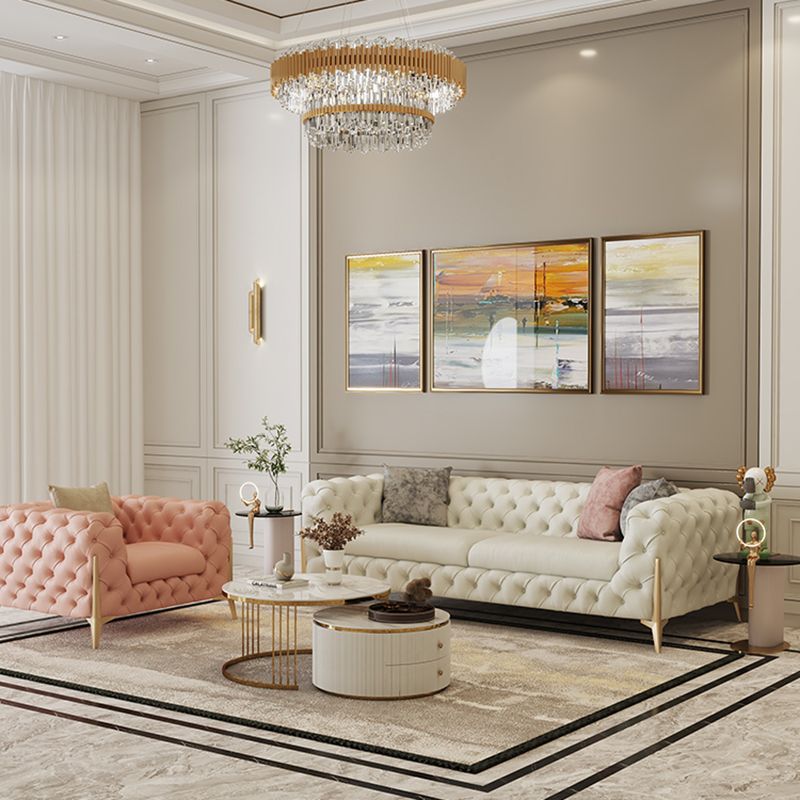 27.95"H Contemporary Glam Leather Beige Tuxedo Arm Sofa For Living Room