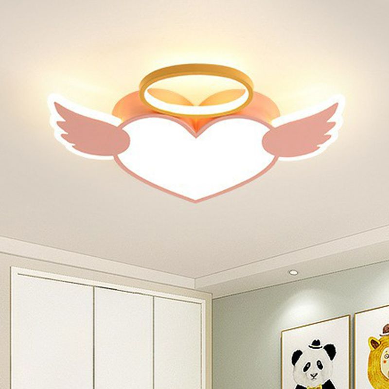 Cartoon LED Ceiling Lamp Pink Love Wings Flush Mount Lighting with Acrylic Shade and Metal Ring