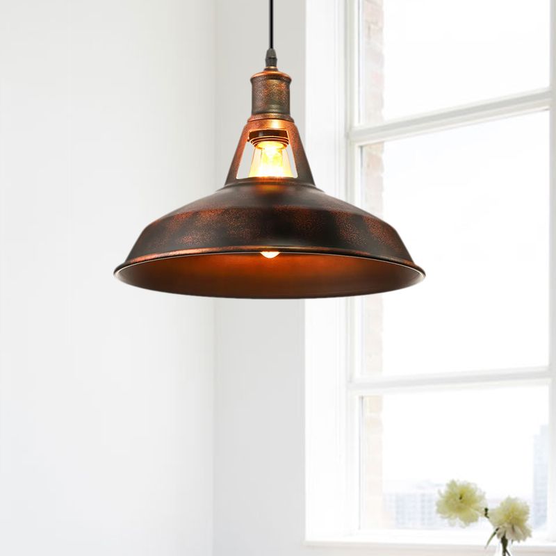 Metal Rust Pendant Light Fixture with Barn Shade 1 Bulb Rustic Style Hanging Lamp with Adjustable Cord, 10.5"/12"/15" Width