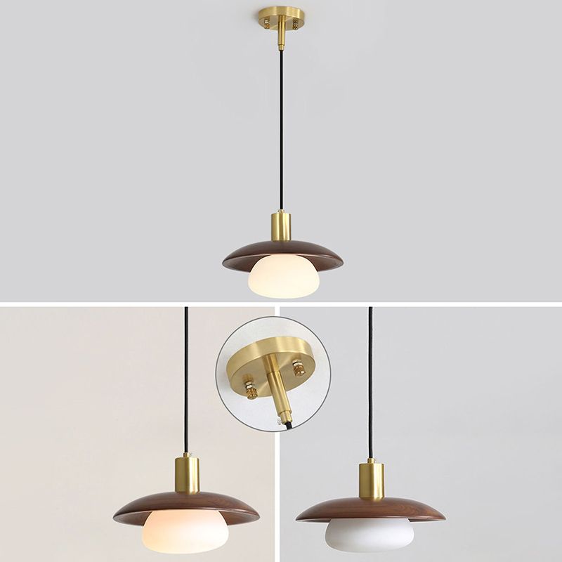 Dark Brown Saucer Pendant Lighting Simple 1-Light Wooden Ceiling Light with White Glass Shade