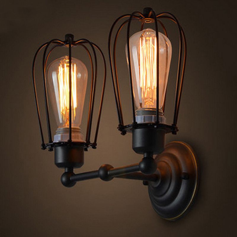 Bulb Shaped Cage Iron Wall Lamp Industrial Bedroom Adjustable Reading Wall Light in Black