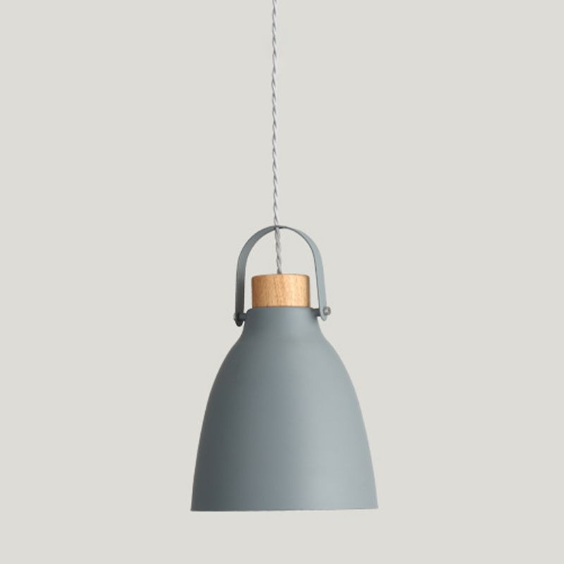 Flared Metal Down Lighting Contemporary 1 Head Grey Hanging Light Fixture with Wood Cap
