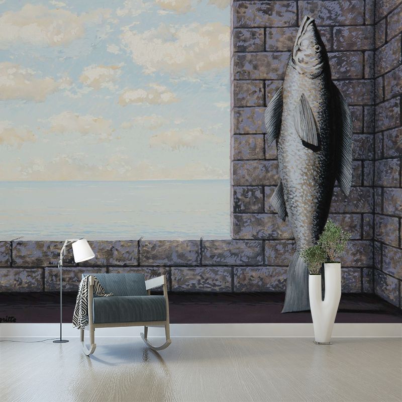 Surrealism Fish Wall Mural Decal for Living Room Customized Wall Art in Grey and Blue