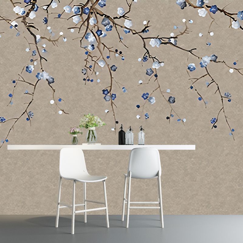 Oriental Blooming Plum Wall Murals for Living Room Custom Wall Covering in Pastel Color