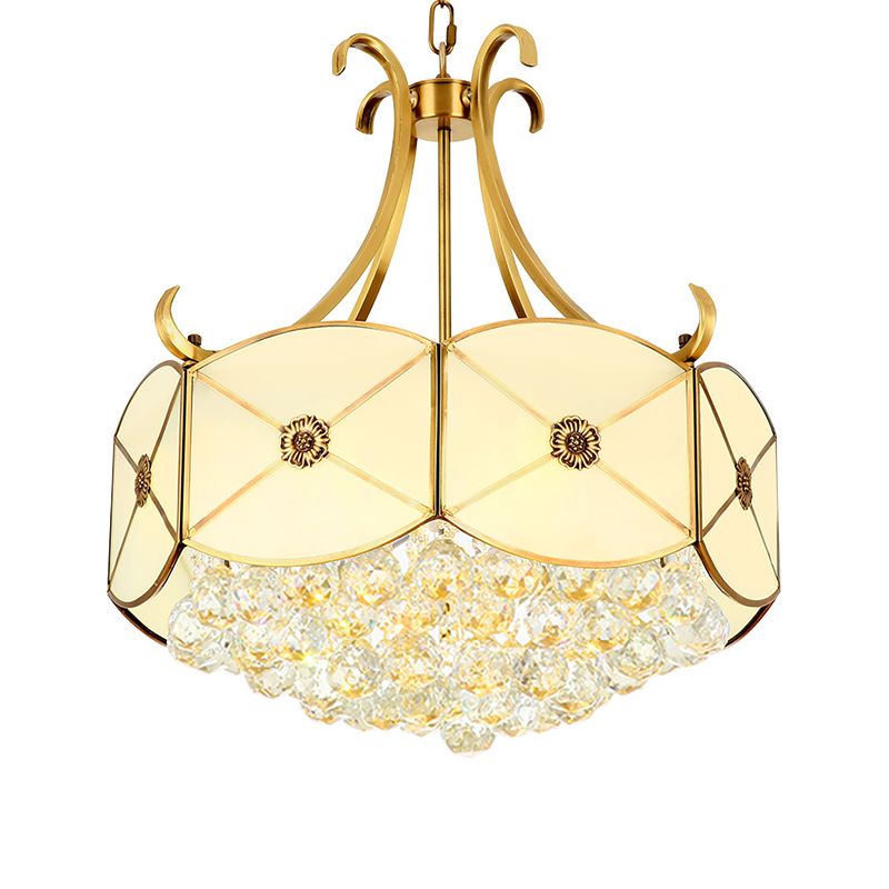 Drum Restaurant Ceiling Chandelier Colonial Ivory Glass 4 Heads Gold Hanging Light Fixture with Crystal Ball