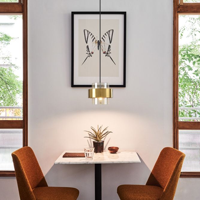 Modern Artistic Cylindrical Pendant Light Electroplate Metal Hanging Lamp with Glass Shade