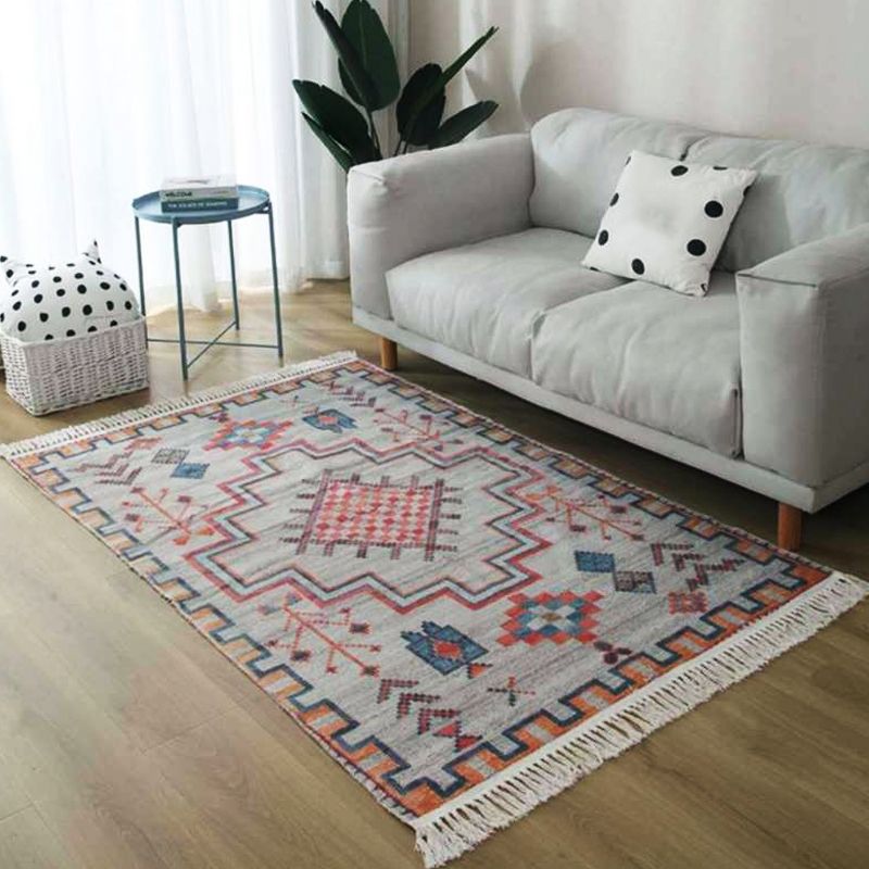 Grey and Blue Southwestern Rug Linen Tribal and Geometric Pattern Rug Washable Fringe Carpet for Living Room