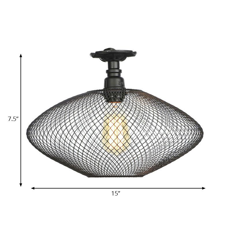 1 Bulb Saucer/Barrel Semi Flush Light Industrial Stylish Black Finish Metal Ceiling Mounted Light with Mesh Screen