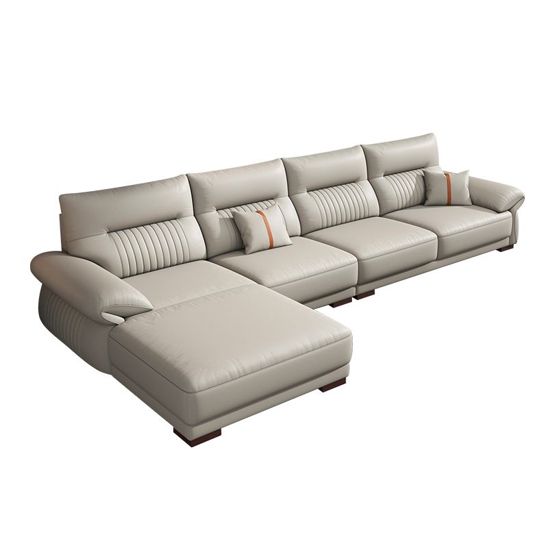 Contemporary Cream Stationary Grain Leather Square Arm Sofa & Chaise