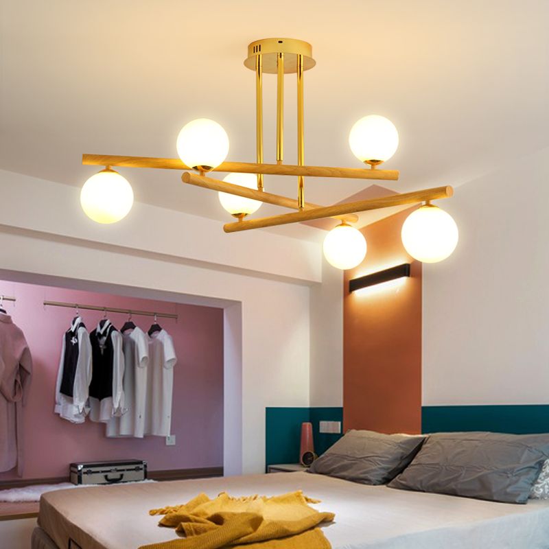 Lampadario sferico in legno leggero minimalista con tonalità di vetro opalina per camera da letto