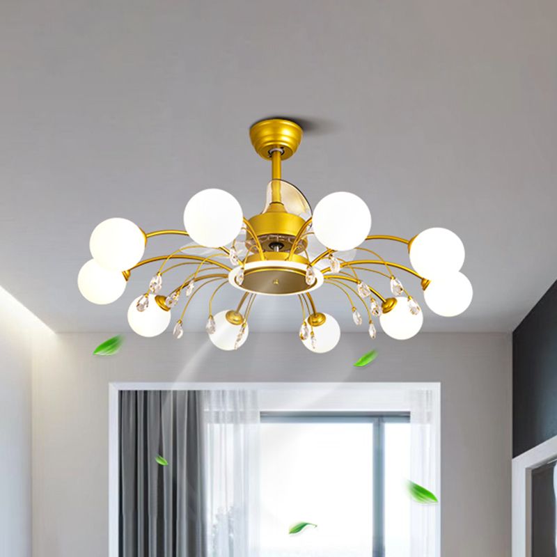 3 Blades Ball Wohnzimmer Anhänger Lüfter Leicht weißes Glas Postmoderne Fernbedienung Halbblütiglicht mit K9 -Kristallen