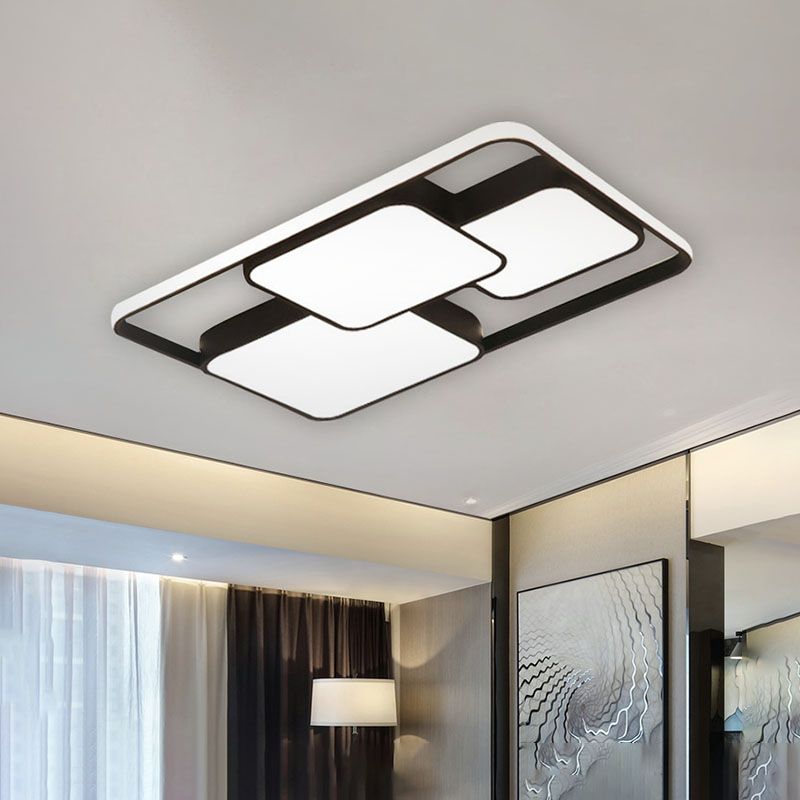 Lampada da incasso rettangolare/quadrata in bianco e nero. LED integrato moderno in metallo da 18"/35,5"/43" ampia plafoniera per soggiorno in bianco caldo/bianco
