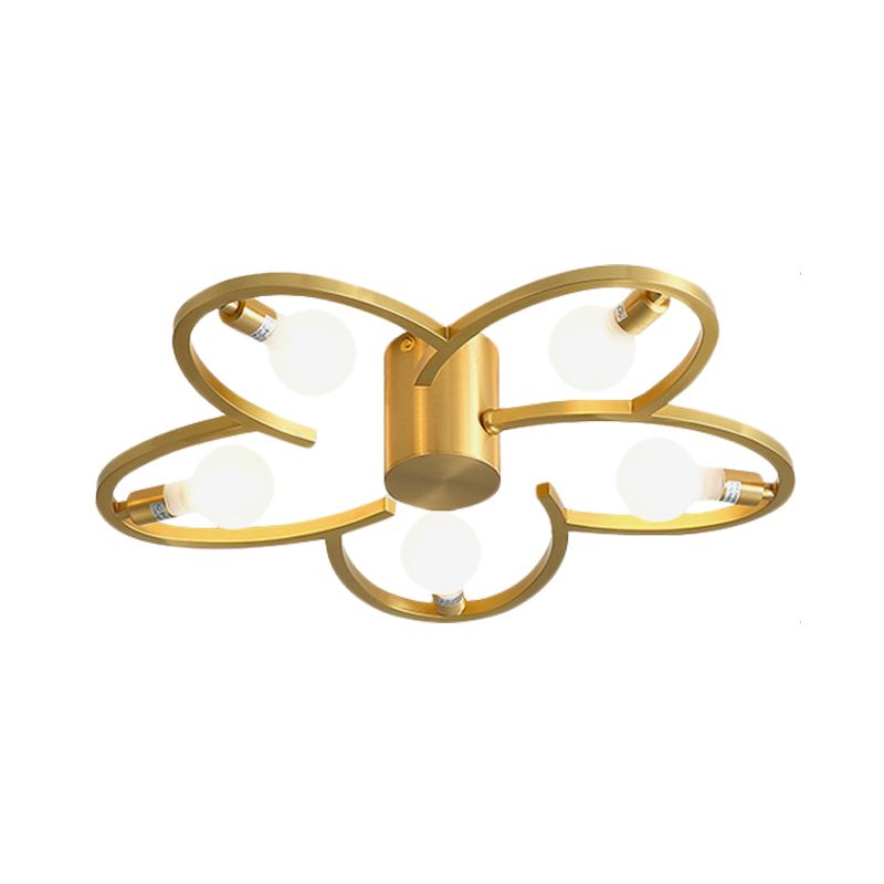 Modern Flower Semi Flush Mount Metallic 5/6-Head Bedroom Close to Ceiling Lighting in Gold