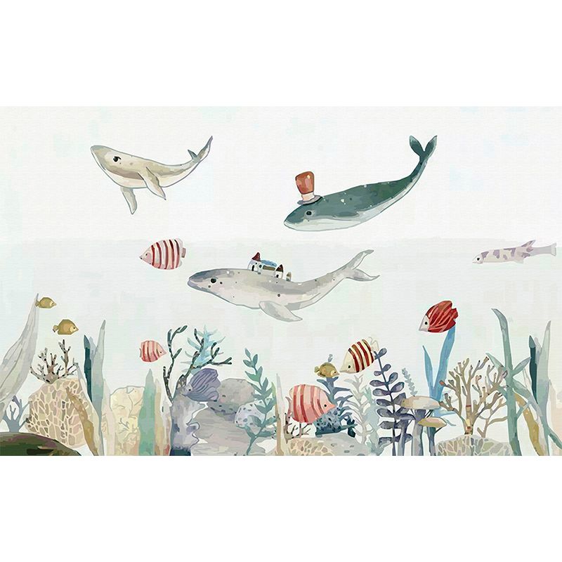 Great Whale and Sea Mural Wallpaper Children's Art Non-Woven Material Wall Covering