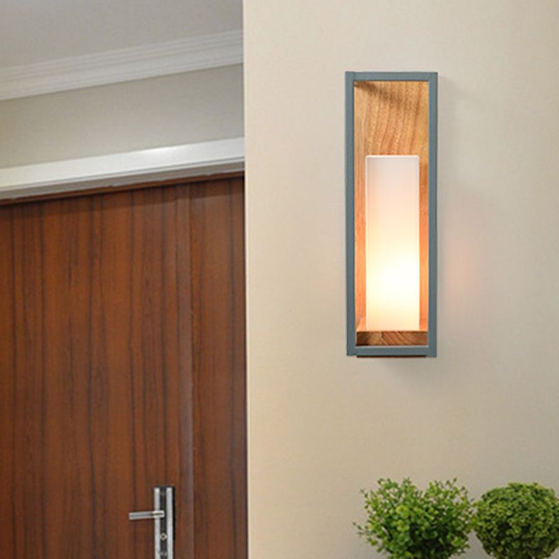 Grey Tubular Sconce Light Asian 1 Bulb White Glass Wall Mounted Lighting with Wood Rectangle Backplate