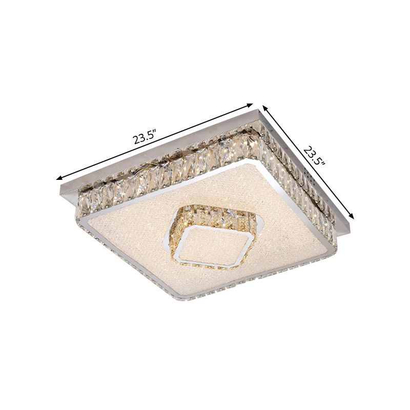 Beveled Crystal Square Flush Mount Lamp Simple LED Chrome Close to Ceiling Lamp in Warm/White Light
