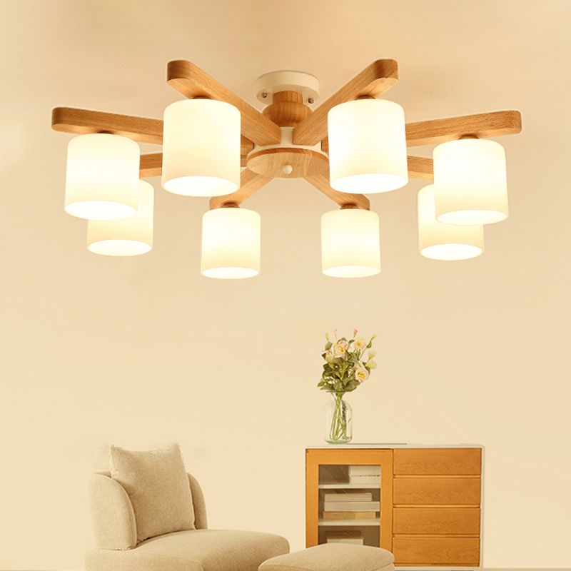 Cylinder Semi Flush Japanese Cream Glass Living Room Ceiling Mount Chandelier in Wood