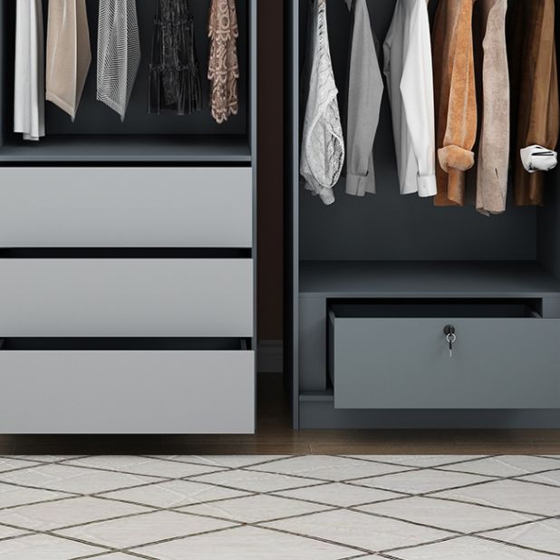 Grey Wooden Wardrobe Armoire Hinged Storage Cabinet with Soft Close Drawer