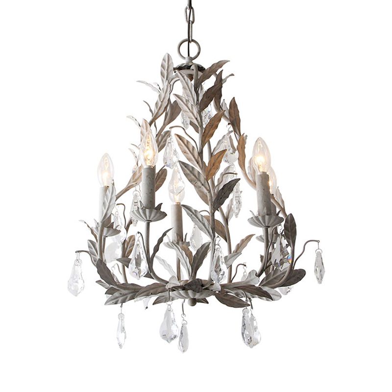 Branch Chandelier Lamp Nordic Metal 5 Heads Grey/White Pendant Lighting Fixture with Crystal Teardrop