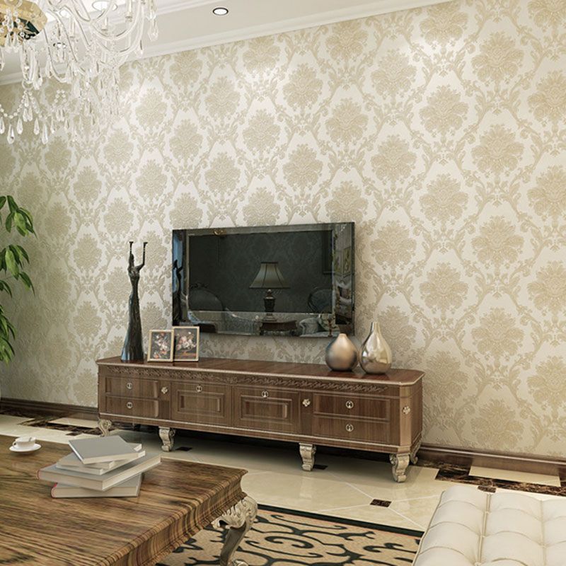 Living Room Wallpaper Roll with Neutral Color Damask Design, 33'L x 20.5"W, Non-Pasted