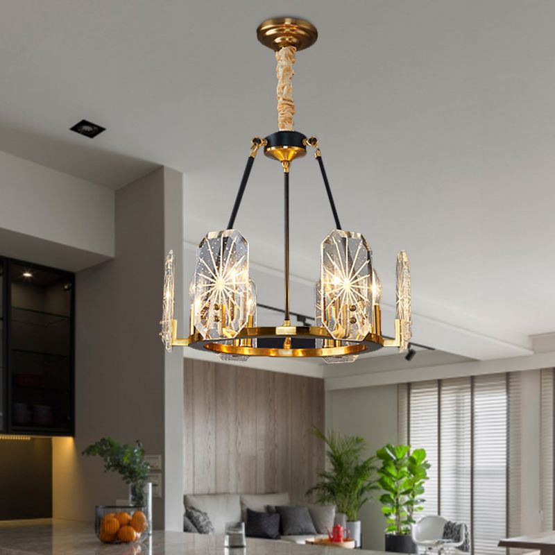 Circular Crystal Panels Chandelier Postmodern 6 Heads Living Room Hanging Lamp in Gold