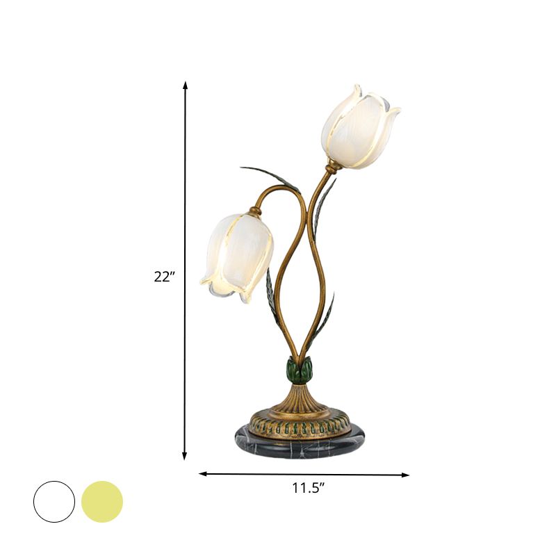 Brass Tulip Nightstand Lighting Romantic Pastoral White/Yellow Glass 2 Bulbs Bedroom Night Table Lamp