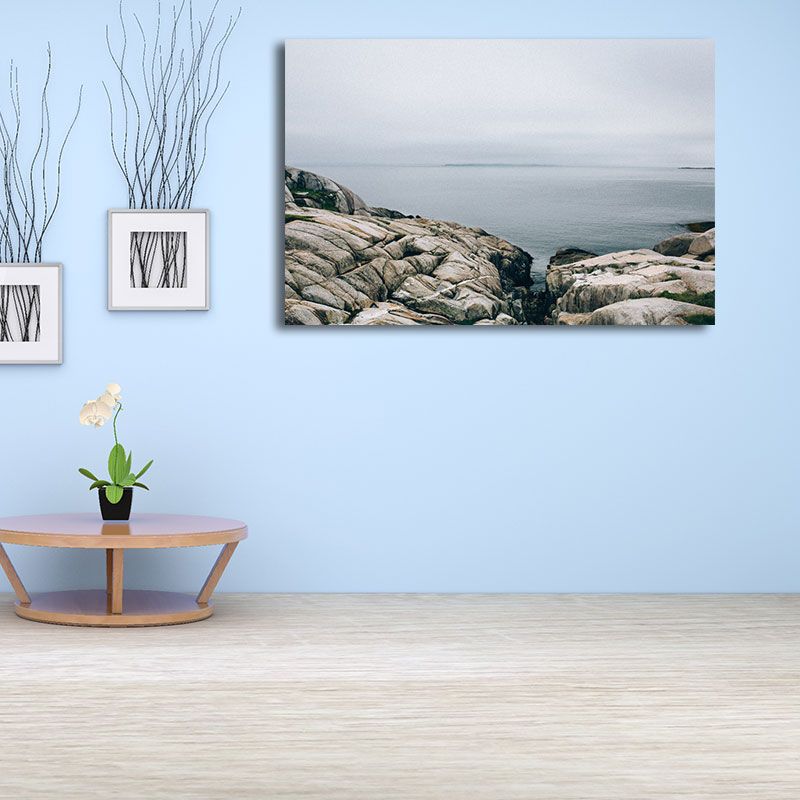 Canvas Textured Wall Decor Tropical Seascape from the Rock Shore Art Print in Blue