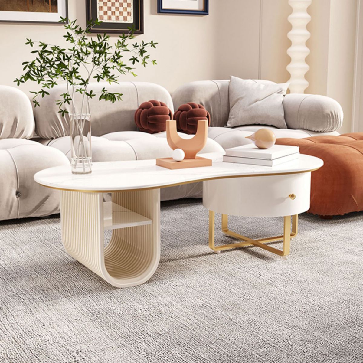 Modern Geometric Coffee Table with Drawer Stone Top Cocktail Table