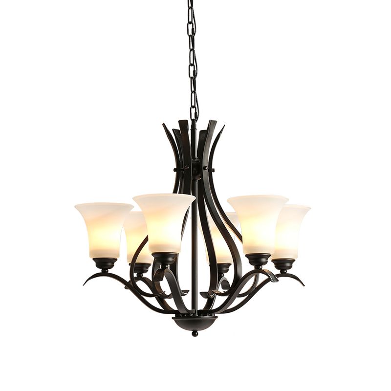 6/8 Lichten Melkglas Kroonluchter Lamp Retro -stijl Zwarte Bell Woonkamer Hangend Licht met gebogen arm