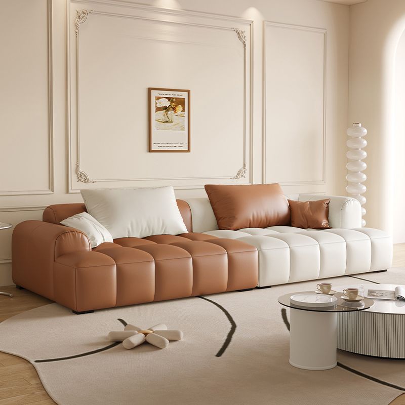 Scandinavian Faux Leather Pillow Back Recessed Arm Sofa For Living Room