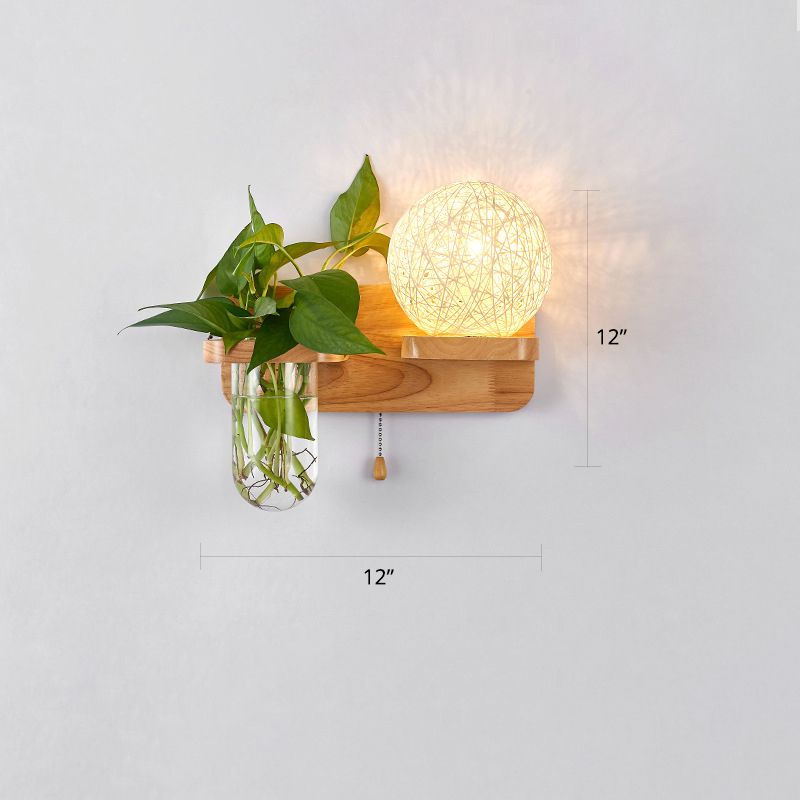 1-Light Rattan Wall Light Fixture Nordic Ball Living Room Sconce Lamp with Pull Chain and Plant Pot