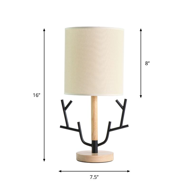 Branch Night Table Lamp Modern Wood 1-Light Black Reading Light with Barrel Fabric Shade for Bedroom