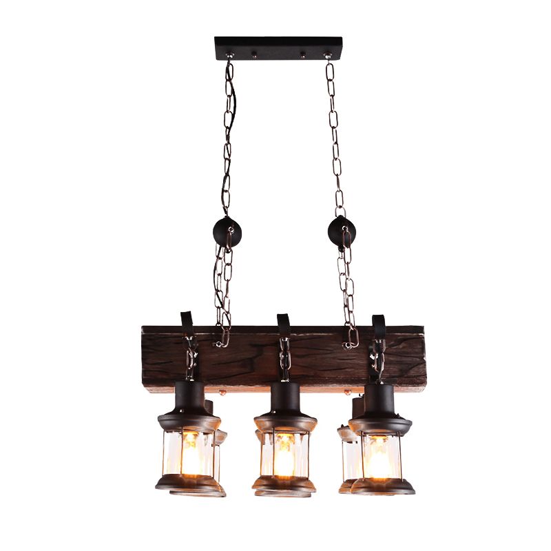 Rectangular Shape Pendant Light Modern Style Wood 6 Lights Hanging Lamp in Brown