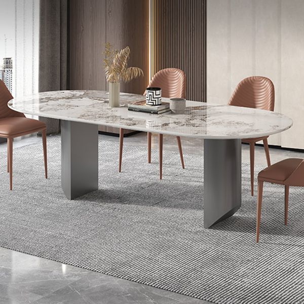 Sintered Stone Dining Table Modern Table in White with Grey Double Pedestal