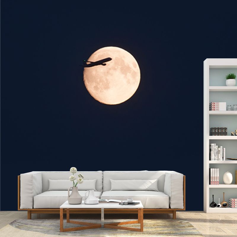 Black Contemporary Mural Whole Jet on Moon Sky Wall Art for Living Room, Custom Made
