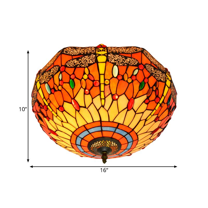 3 Heads Living Room Ceiling Mounted Fixture Tiffany Red/Yellow/Orange Flush Mount Lamp with Dragonfly Stained Glass Shade