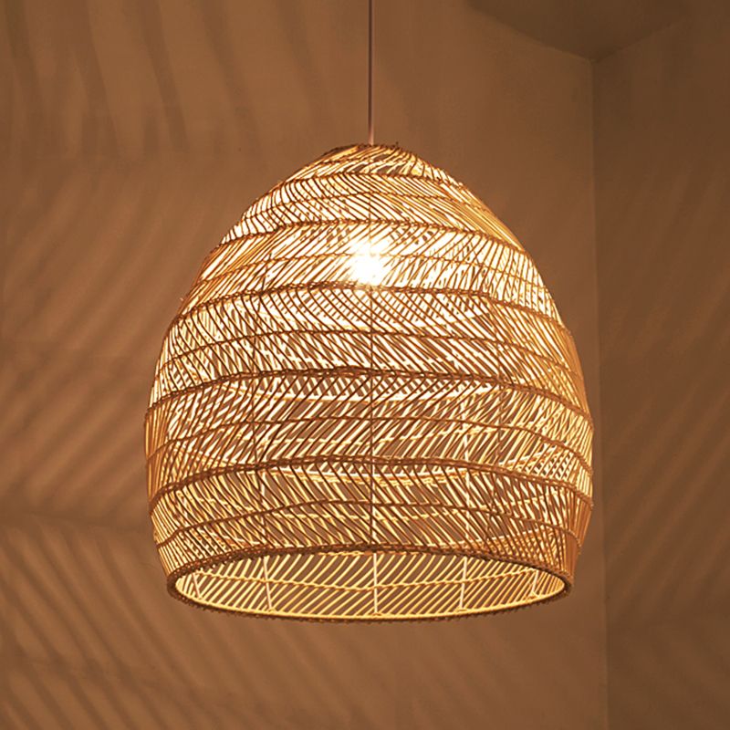 Chinese Pastoral Pendant Light Rattan 1 Head Hanging Light for Bedroom