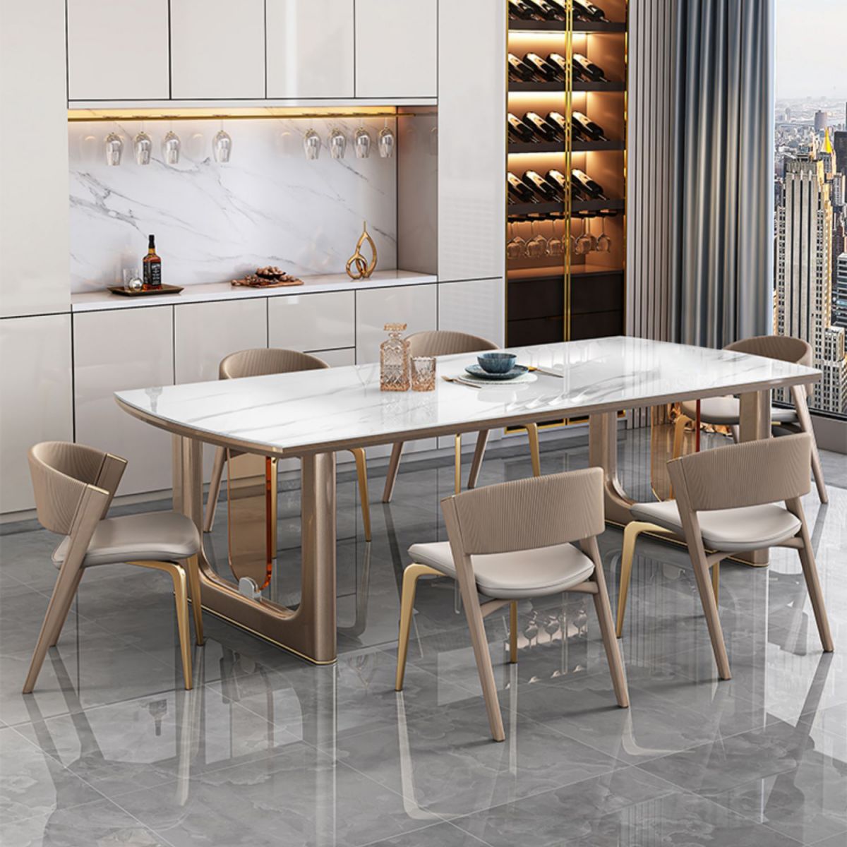 Glossy White Stone Top Dining Table Set for Home 1/2/5/7 Pcs Modern Dinette Set