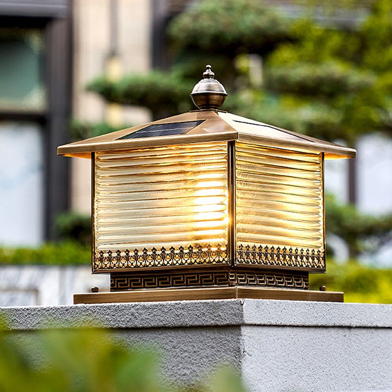 Rectangle Shape Metal Pillar Lamp Modern Style 1 Light Solar Outdoor Light in Brass