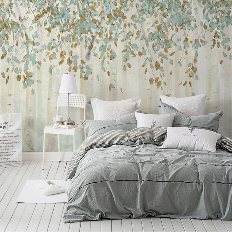 Stain-Resistant Forest Mural Wallpaper Full Size Minimalist Wall Art in Blue and Brown for Living Room