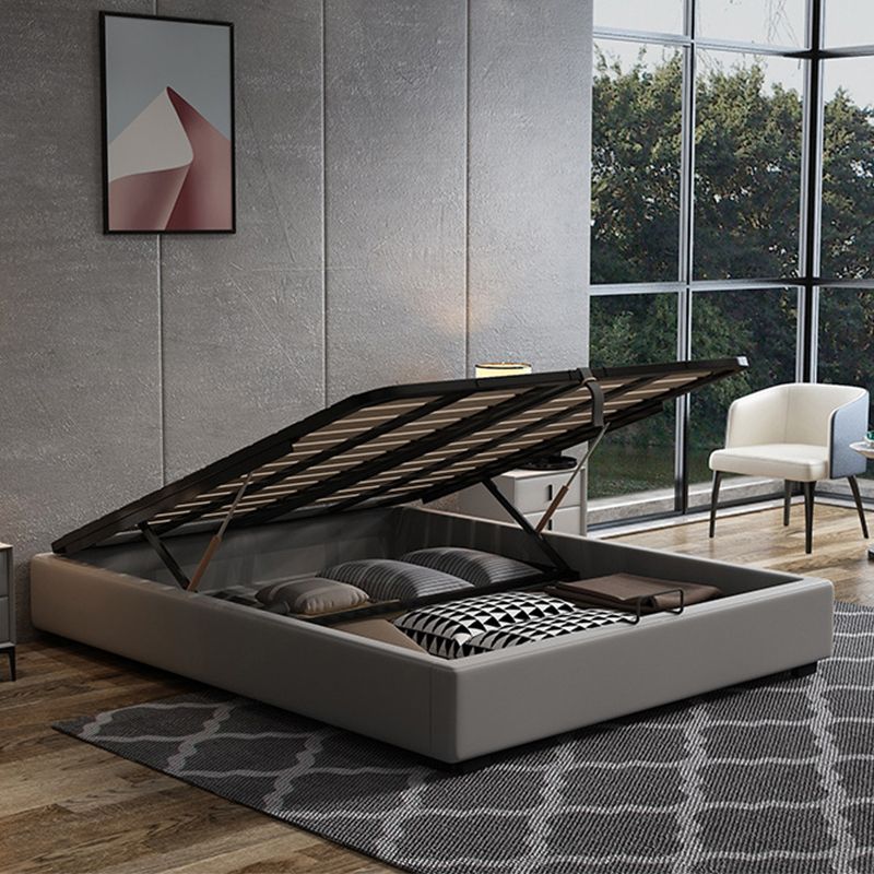 Contemporary Panel Bed Faux Leather and Wood Platform Bed Frame in Dark Grey