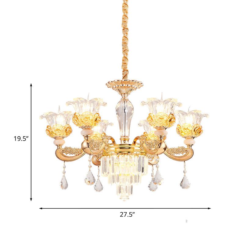 6 luces Lámpara de vidrio de vidrio transparente Araña de comedor de flor de oro tradicional con acento de cristal escalonado