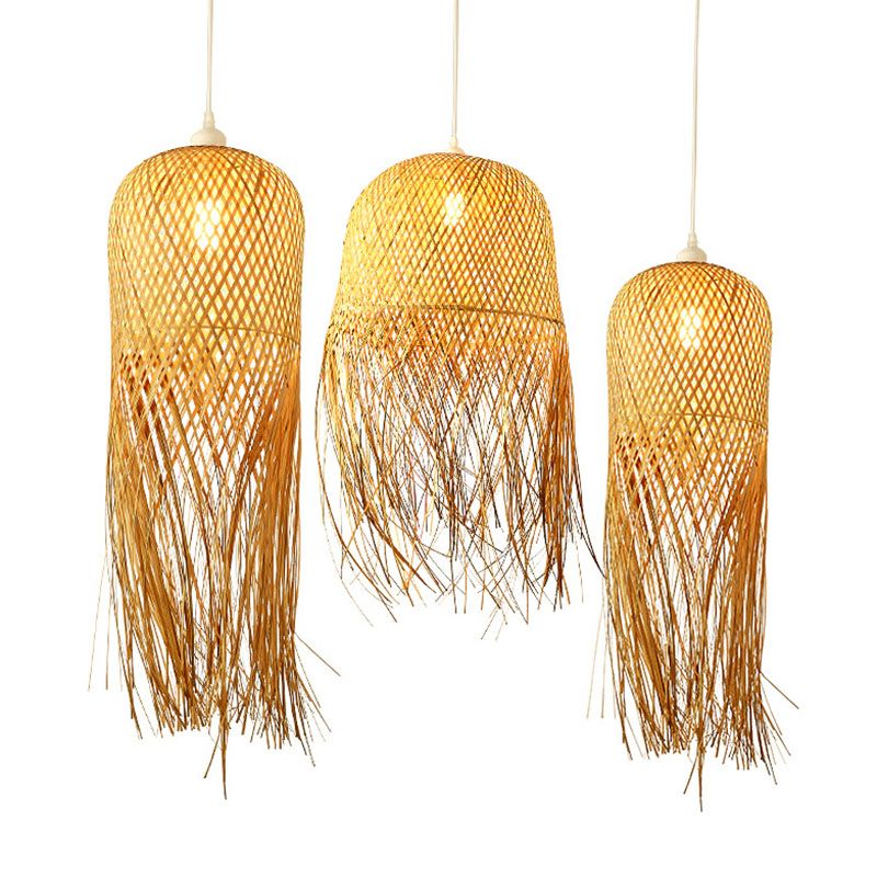 Weaving Dome Pendant Light Fixture Asian Bamboo 1-Light Dining Room Ceiling Lamp with Fringe in Wood