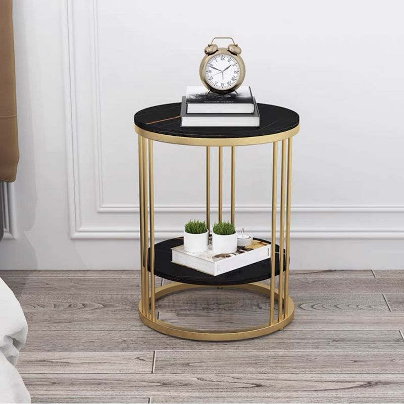 Frame-like Gold/black Metal Base Design Rock Sheet Top with Shelf Round Side Table