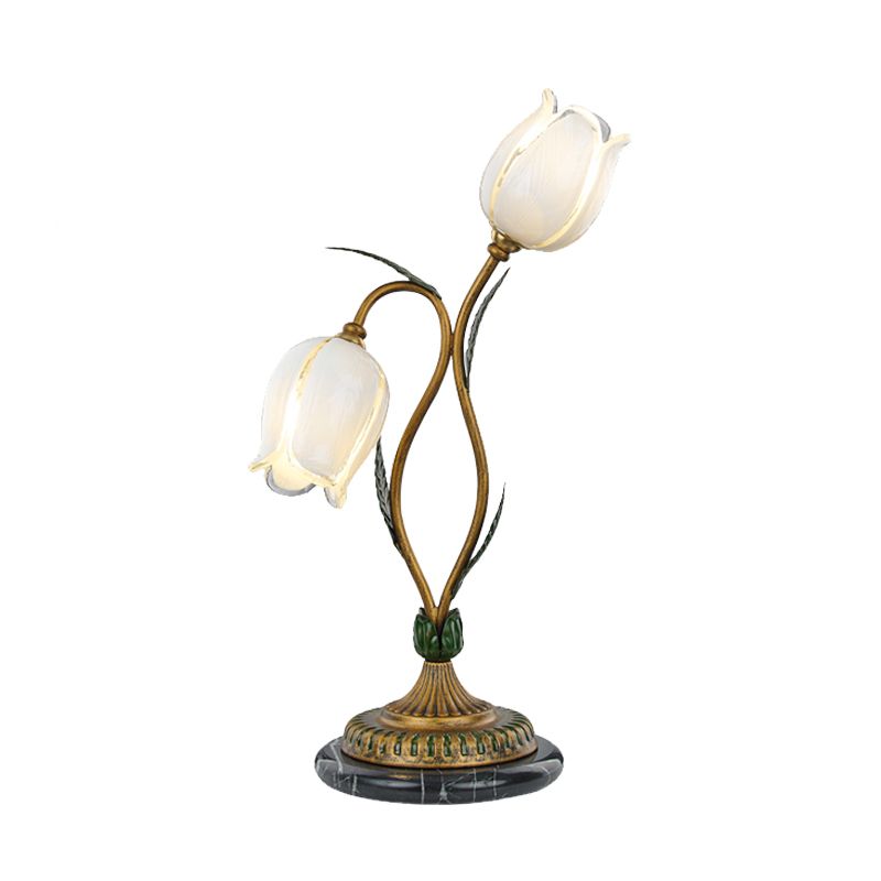 Lámpara de mesa de flor de campo 2 luces blanca/amarilla de vidrio nocturno en latón para sala de estar