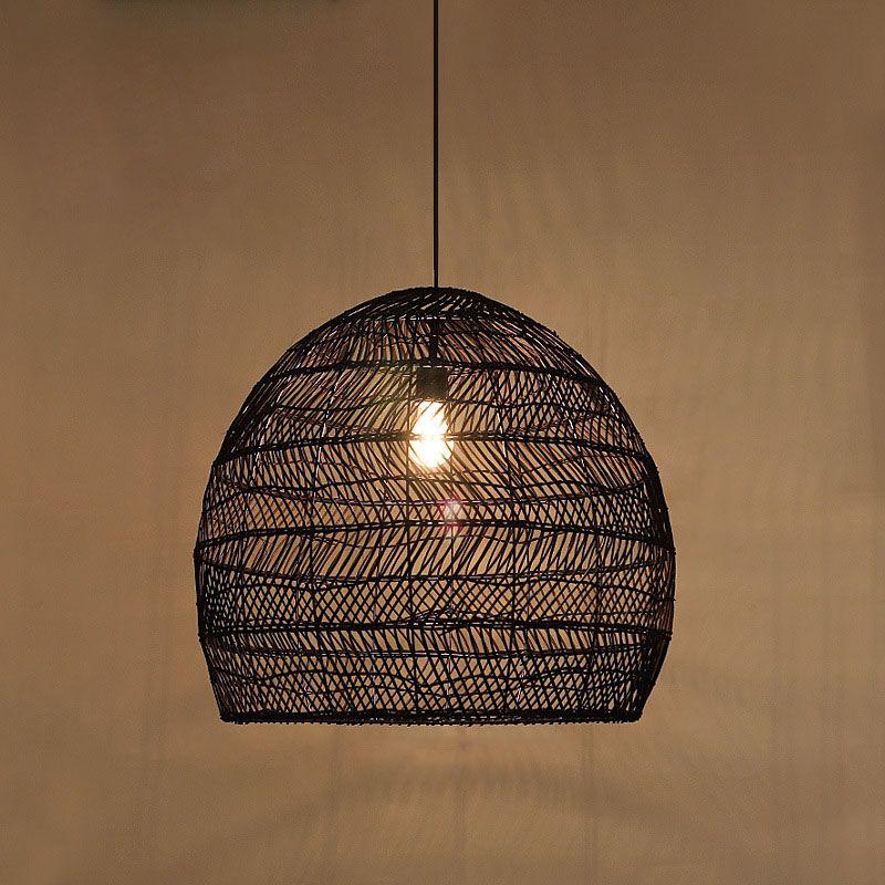 Rattan Cloche Pendant Ceiling Light Asian Single-Bulb Suspension Lighting over Dining Table